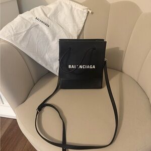 Balenciaga Black Leather Logo Tote Crossbody - shopping tote